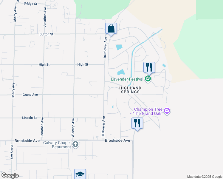 map of restaurants, bars, coffee shops, grocery stores, and more near 10471 Bel Air Drive in Cherry Valley