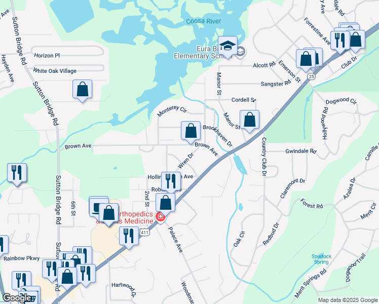 map of restaurants, bars, coffee shops, grocery stores, and more near 2709 Wren Drive in Rainbow City