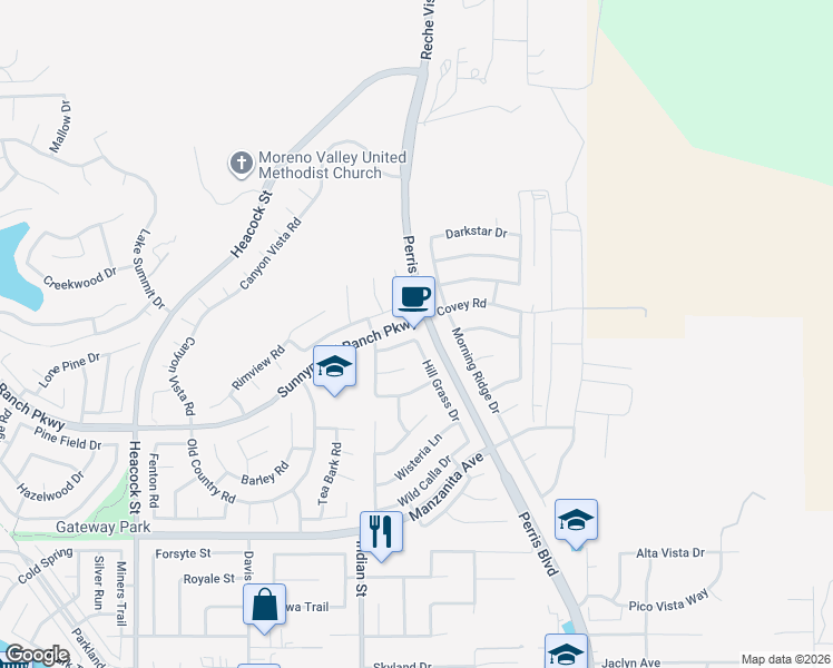 map of restaurants, bars, coffee shops, grocery stores, and more near 24616 Meadow Grass Way in Moreno Valley
