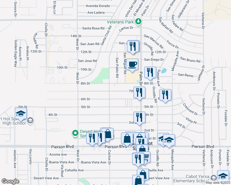 map of restaurants, bars, coffee shops, grocery stores, and more near 66299 7th Street in Desert Hot Springs