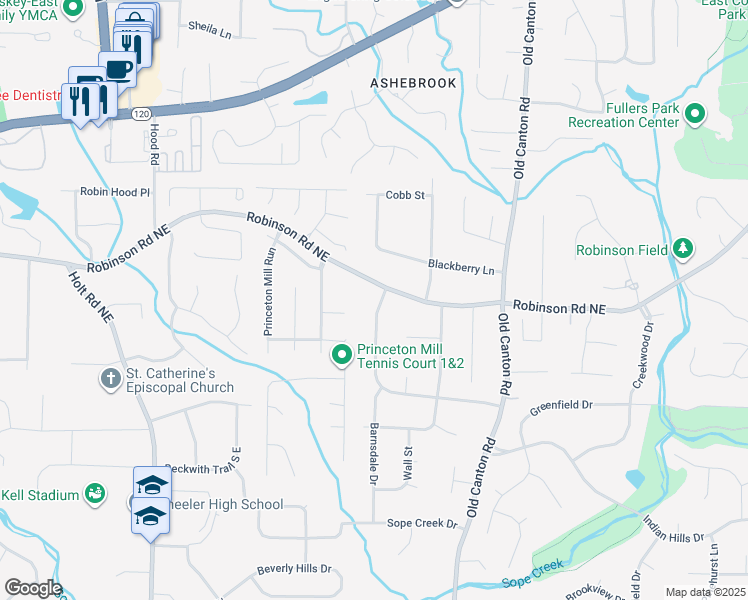 map of restaurants, bars, coffee shops, grocery stores, and more near 2835 Clearbrook Drive in Marietta