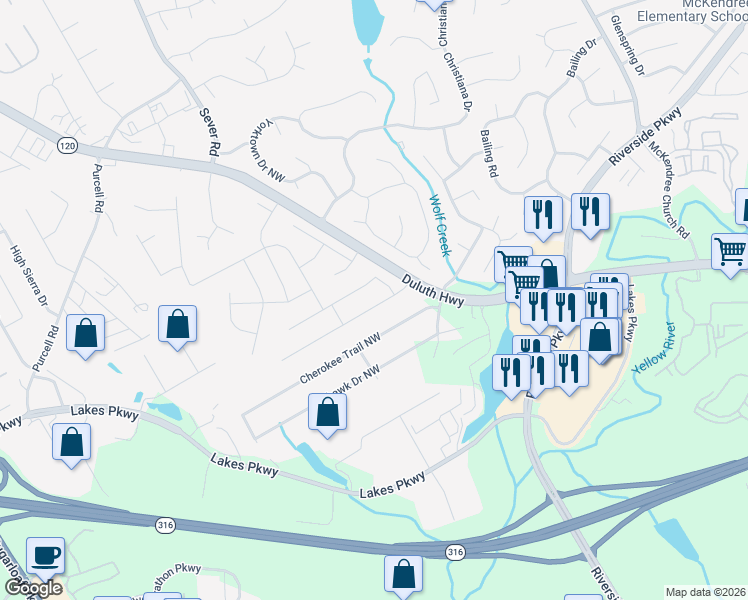 map of restaurants, bars, coffee shops, grocery stores, and more near 1271 Howard Way in Lawrenceville