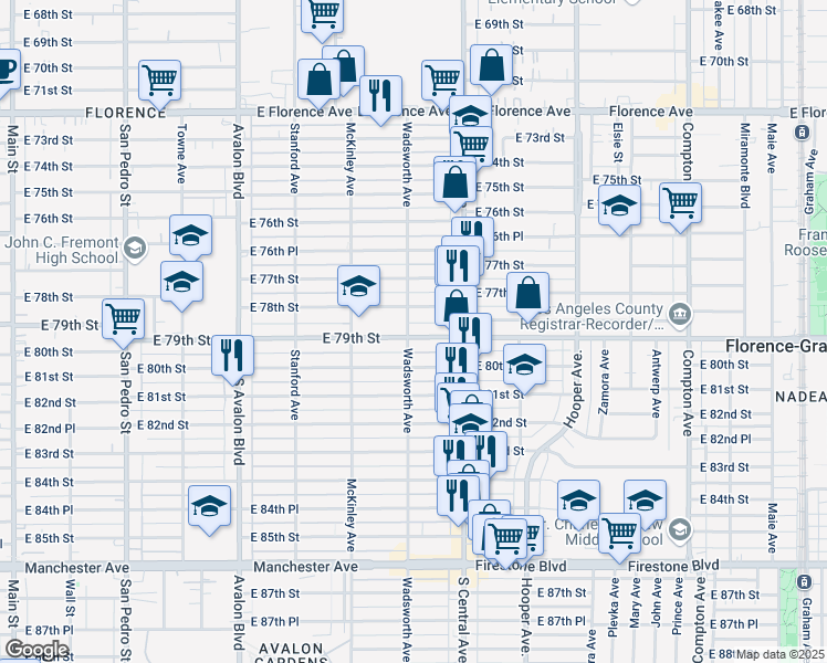 map of restaurants, bars, coffee shops, grocery stores, and more near 7820 Wadsworth Avenue in Los Angeles