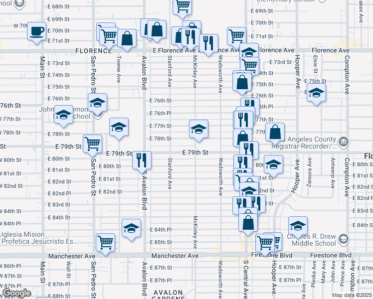 map of restaurants, bars, coffee shops, grocery stores, and more near 741 East 79th Street in Los Angeles