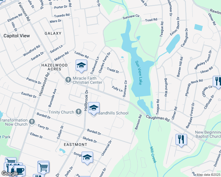 map of restaurants, bars, coffee shops, grocery stores, and more near 7912 Folly Lane in Columbia