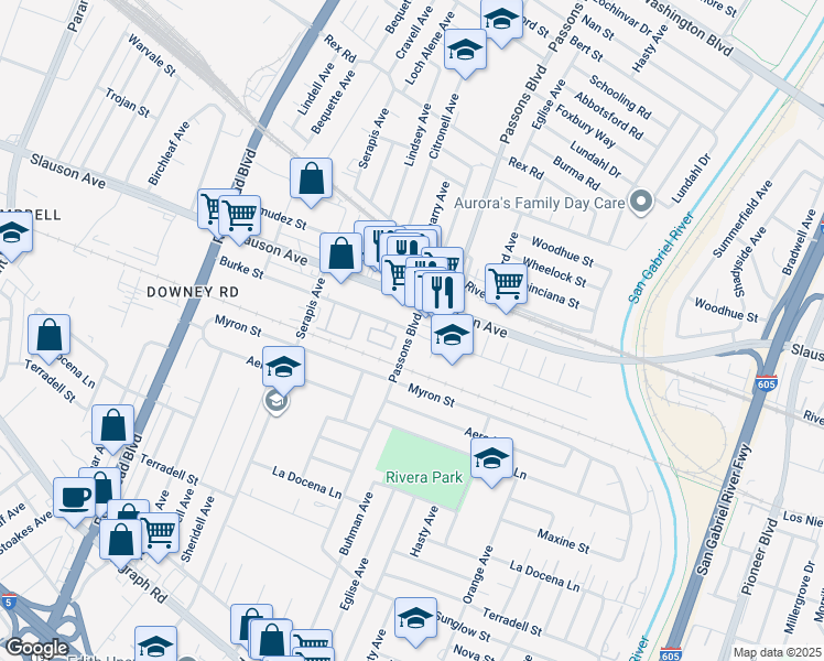 map of restaurants, bars, coffee shops, grocery stores, and more near Passons Boulevard & Burke Street in Pico Rivera