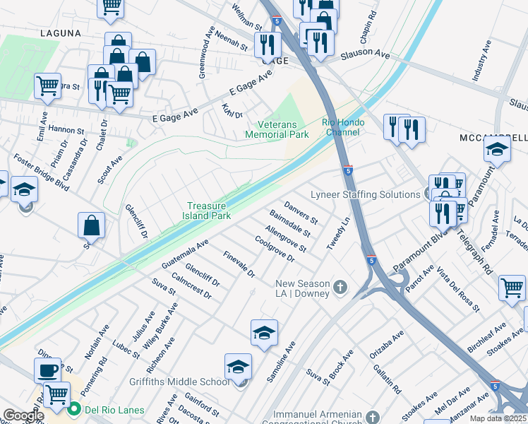 map of restaurants, bars, coffee shops, grocery stores, and more near 7700 Bairnsdale Street in Downey