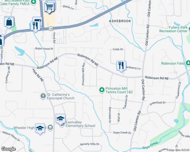 map of restaurants, bars, coffee shops, grocery stores, and more near 737 Scottish Mill Run in Marietta