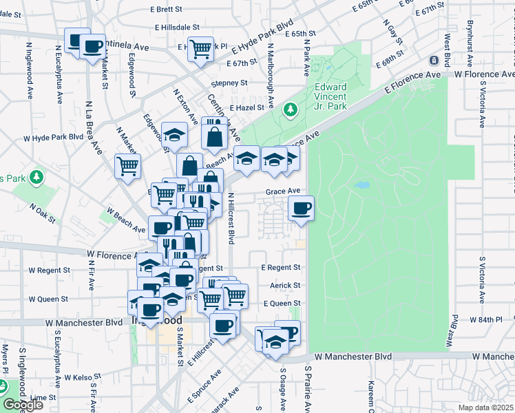 map of restaurants, bars, coffee shops, grocery stores, and more near 515 Daniel Freeman Circle in Inglewood