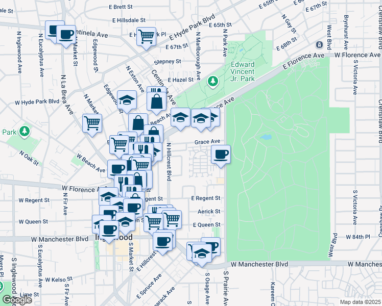 map of restaurants, bars, coffee shops, grocery stores, and more near 515 Daniel Freeman Circle in Inglewood