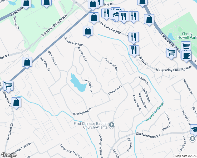 map of restaurants, bars, coffee shops, grocery stores, and more near 2572 Inverloch Circle in Duluth