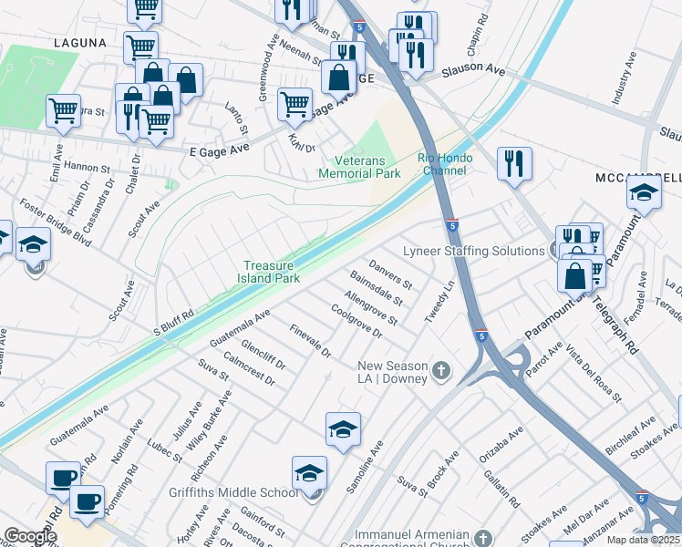 map of restaurants, bars, coffee shops, grocery stores, and more near 7700 Bairnsdale Street in Downey