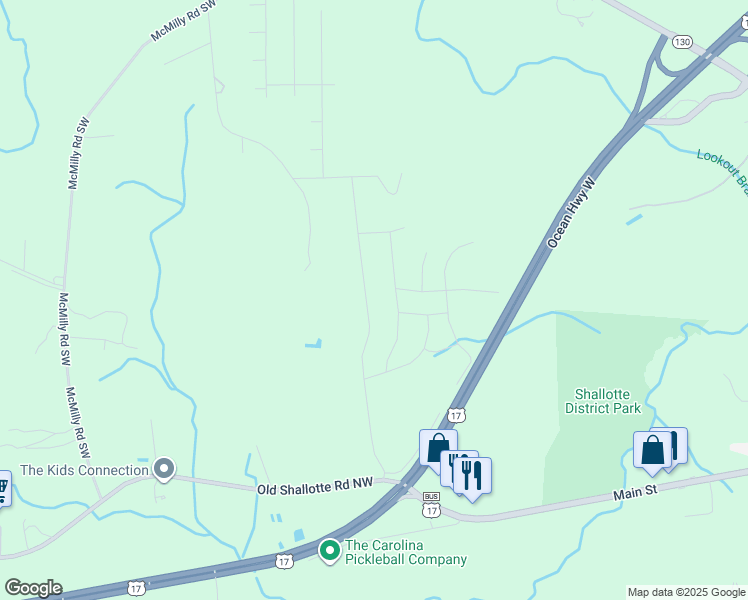 map of restaurants, bars, coffee shops, grocery stores, and more near 175 Wild Raven Street Northwest in Shallotte