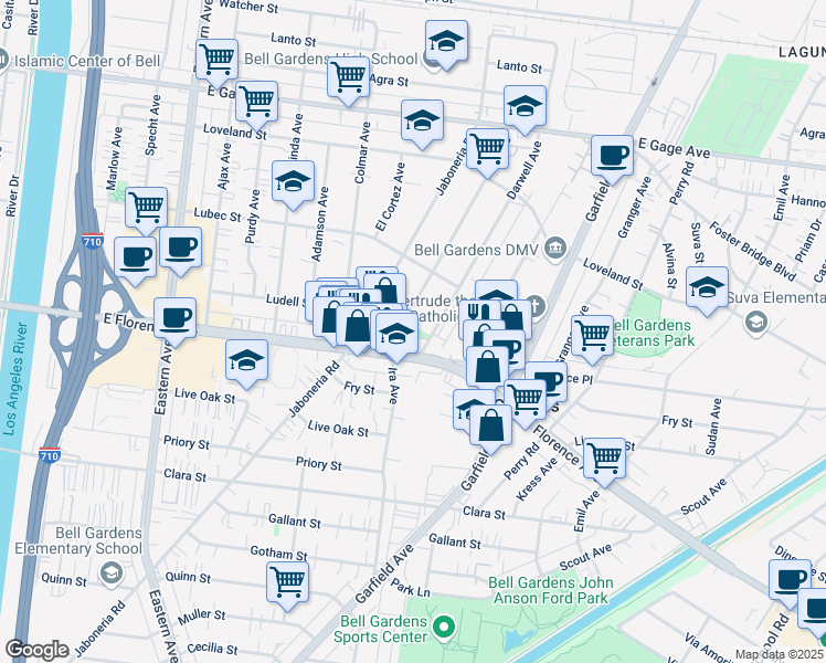 map of restaurants, bars, coffee shops, grocery stores, and more near 6870 Ira Avenue in Bell Gardens