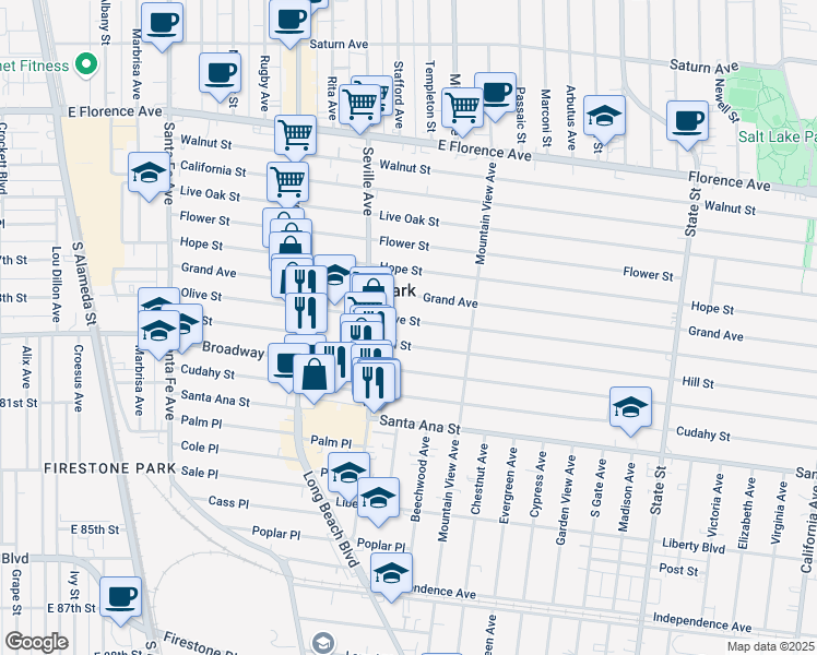 map of restaurants, bars, coffee shops, grocery stores, and more near 2742 Olive Street in Huntington Park