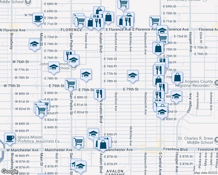 map of restaurants, bars, coffee shops, grocery stores, and more near 629 East 79th Street in Los Angeles