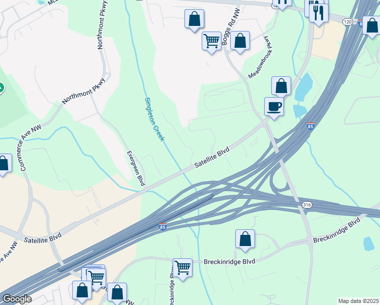 map of restaurants, bars, coffee shops, grocery stores, and more near 2789 Satellite Boulevard in Duluth