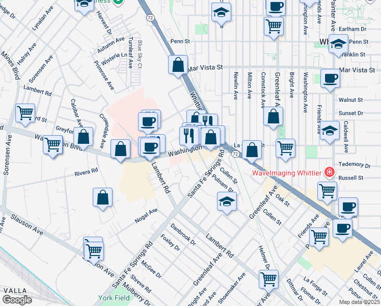 map of restaurants, bars, coffee shops, grocery stores, and more near 12472 Washington Boulevard in Whittier