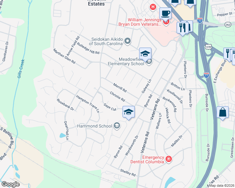 map of restaurants, bars, coffee shops, grocery stores, and more near 6412 Christie Road in Columbia
