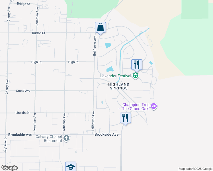 map of restaurants, bars, coffee shops, grocery stores, and more near 10545 Bel Air Drive in Cherry Valley