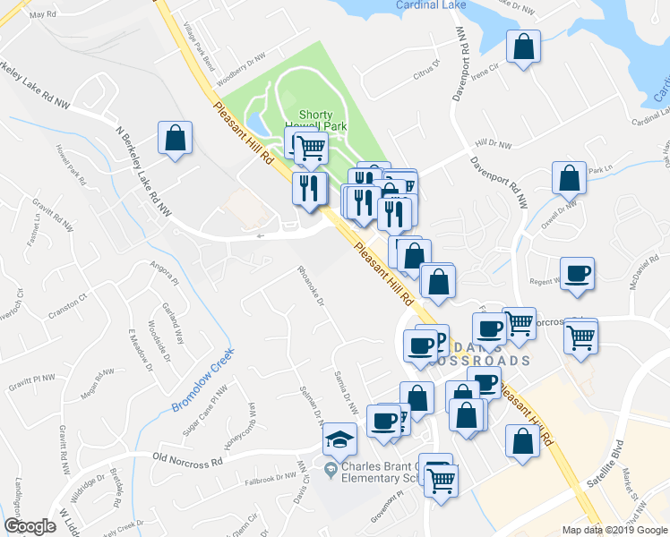 map of restaurants, bars, coffee shops, grocery stores, and more near 2555 Pleasant Hill Road in Duluth