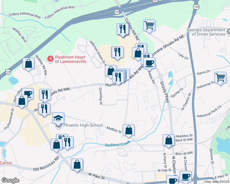 map of restaurants, bars, coffee shops, grocery stores, and more near 419 Hurricane Shoals Road Northwest in Lawrenceville