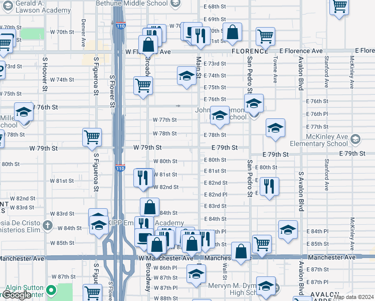 map of restaurants, bars, coffee shops, grocery stores, and more near 126 West 79th Street in Los Angeles