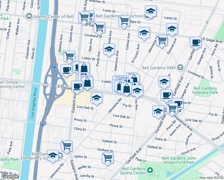 map of restaurants, bars, coffee shops, grocery stores, and more near 5929 Florence Avenue in Bell Gardens