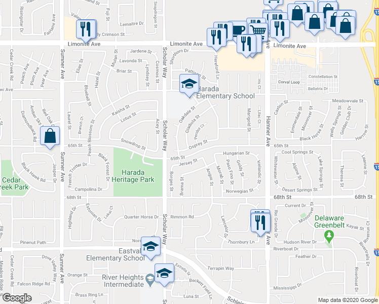 map of restaurants, bars, coffee shops, grocery stores, and more near 12927 Osprey Street in Corona