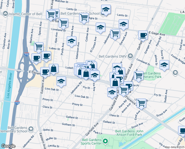 map of restaurants, bars, coffee shops, grocery stores, and more near 6039 Florence Avenue in Bell Gardens