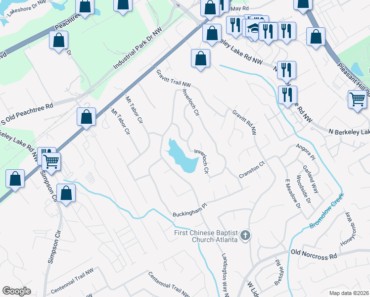 map of restaurants, bars, coffee shops, grocery stores, and more near 2842 Inverloch Circle in Duluth