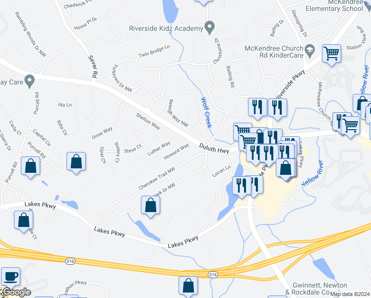 map of restaurants, bars, coffee shops, grocery stores, and more near 1230 Howard Way in Lawrenceville