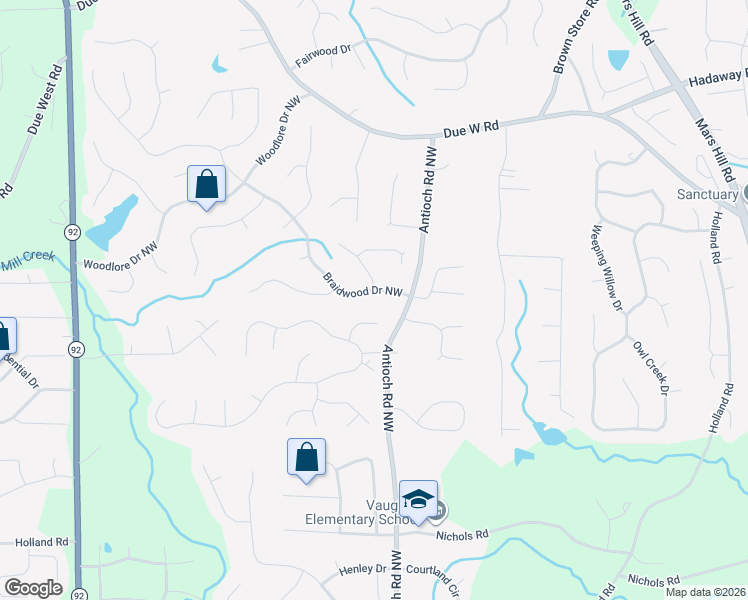map of restaurants, bars, coffee shops, grocery stores, and more near 577 Braidwood Drive Northwest in Acworth