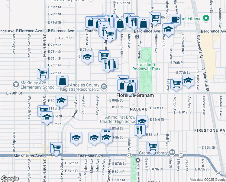 map of restaurants, bars, coffee shops, grocery stores, and more near 1523 Nadeau Street in Los Angeles
