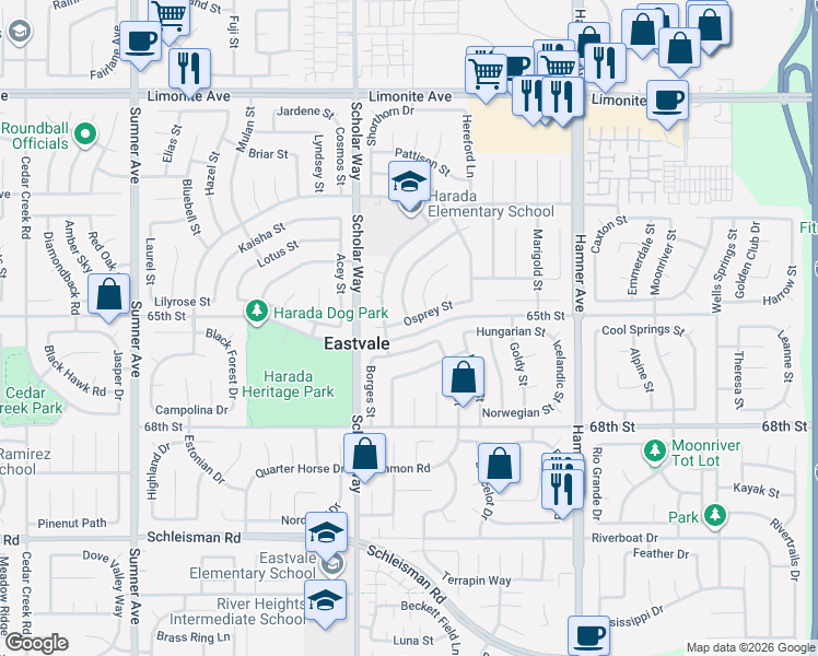 map of restaurants, bars, coffee shops, grocery stores, and more near 12963 Osprey Street in Corona