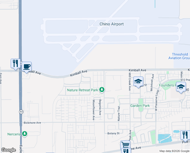 map of restaurants, bars, coffee shops, grocery stores, and more near 15769 Molly Avenue in Chino