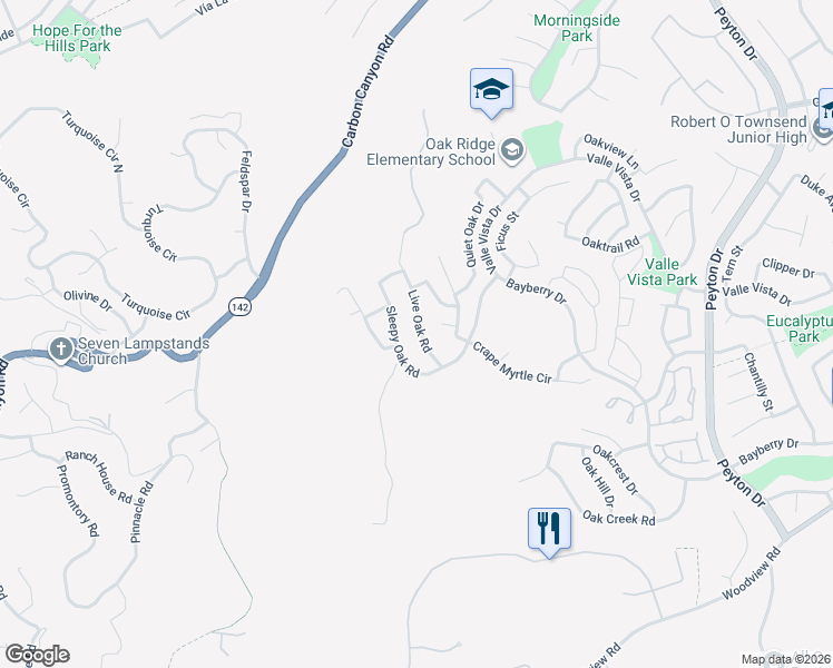 map of restaurants, bars, coffee shops, grocery stores, and more near 15757 Sleepy Oak Road in Chino Hills