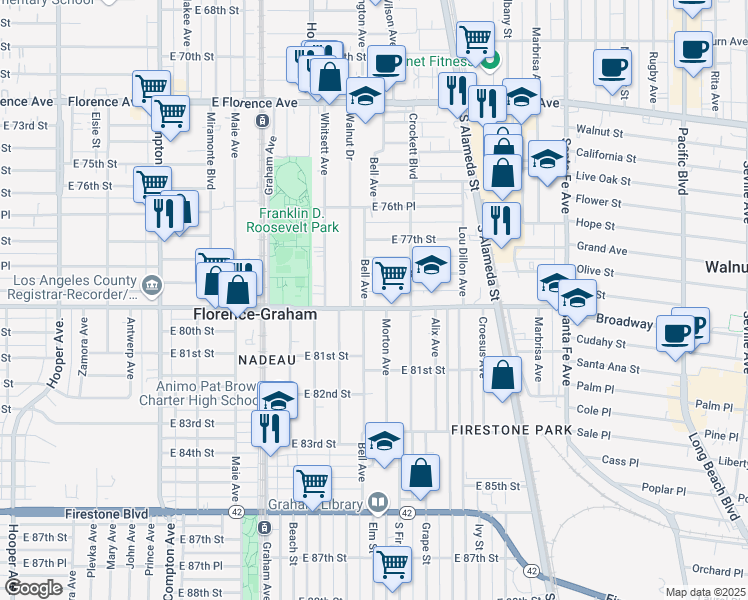 map of restaurants, bars, coffee shops, grocery stores, and more near 7835 Bell Avenue in Los Angeles