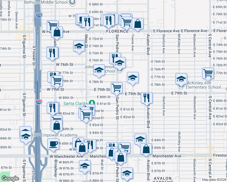 map of restaurants, bars, coffee shops, grocery stores, and more near 238 East 79th Street in Los Angeles