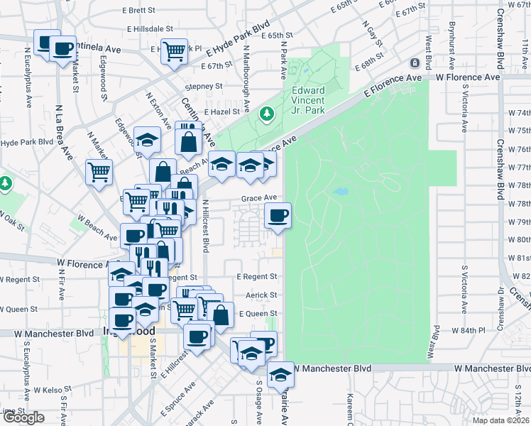 map of restaurants, bars, coffee shops, grocery stores, and more near 757 Daniel Freeman Circle in Inglewood
