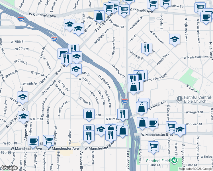 map of restaurants, bars, coffee shops, grocery stores, and more near 7607 Goddard Avenue in Los Angeles