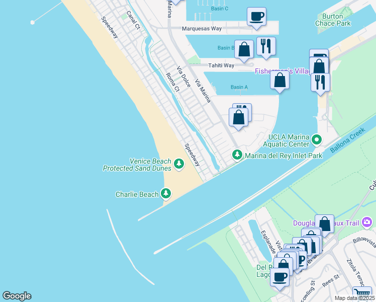 map of restaurants, bars, coffee shops, grocery stores, and more near 5205 Ocean Front Walk in Marina del Rey