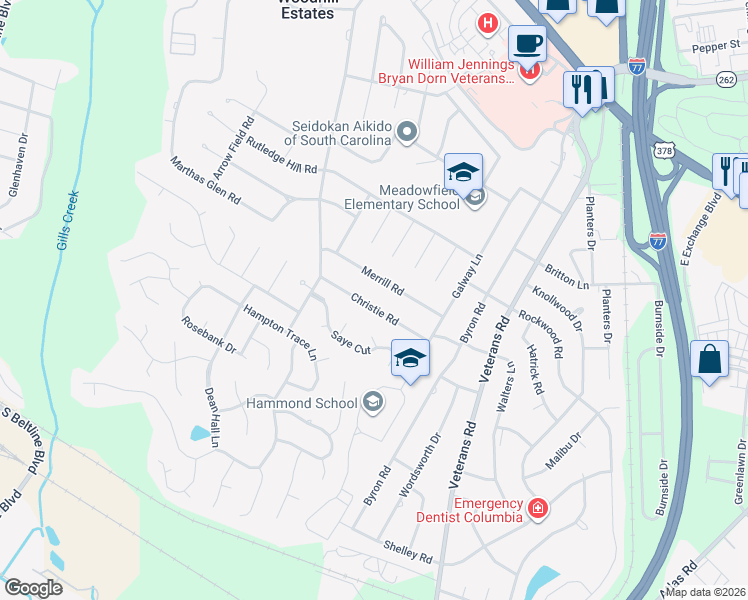 map of restaurants, bars, coffee shops, grocery stores, and more near 6412 Christie Road in Columbia