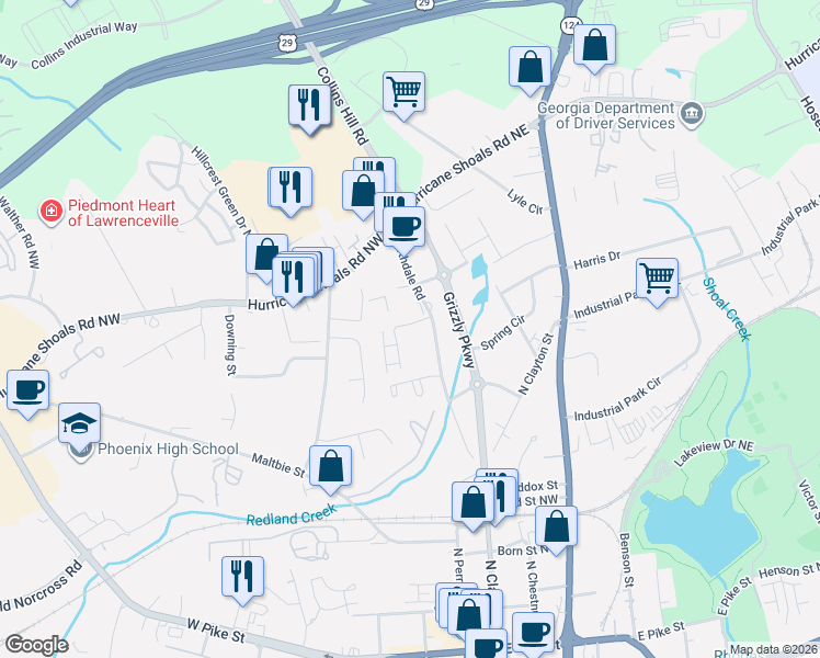map of restaurants, bars, coffee shops, grocery stores, and more near 102 Hampton Square Drive in Lawrenceville