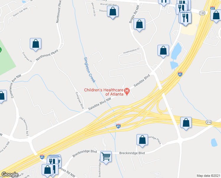 map of restaurants, bars, coffee shops, grocery stores, and more near 2789 Satellite Boulevard in Duluth