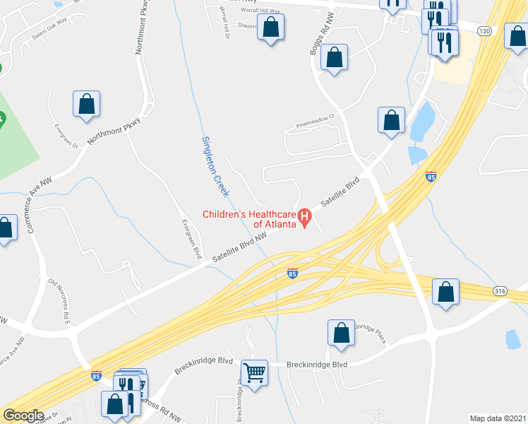 map of restaurants, bars, coffee shops, grocery stores, and more near 2789 Satellite Boulevard in Duluth