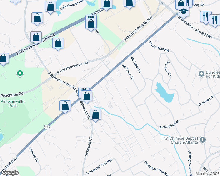map of restaurants, bars, coffee shops, grocery stores, and more near 2961 Township Glen Lane in Norcross