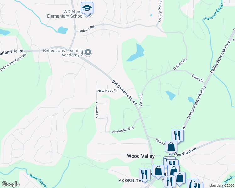 map of restaurants, bars, coffee shops, grocery stores, and more near 55 New Hope Drive in Dallas