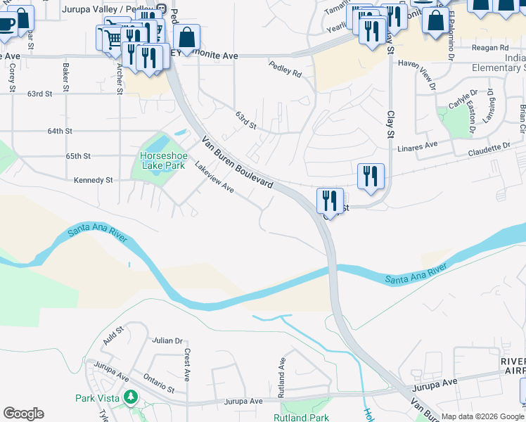 map of restaurants, bars, coffee shops, grocery stores, and more near 6798 Pedley Road in Riverside