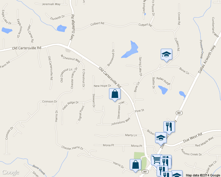map of restaurants, bars, coffee shops, grocery stores, and more near 55 New Hope Drive in Dallas